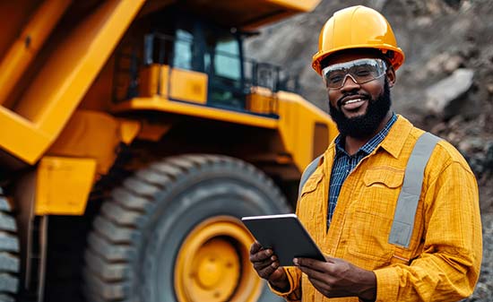 Mining Recruitment Supervisor, holding an iPad, standing in front of a large truck